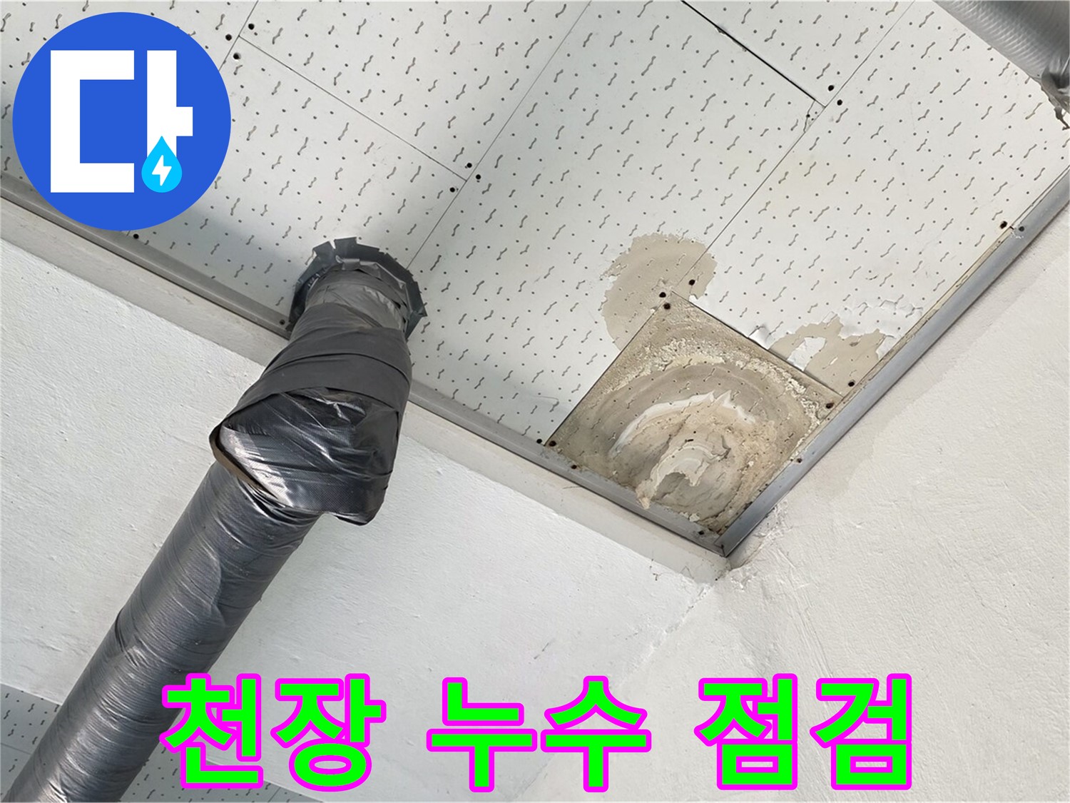 천장 누수 점검 - 천장 누수 부위를 꼼꼼하게 점검하는 전문가의 모습입니다.