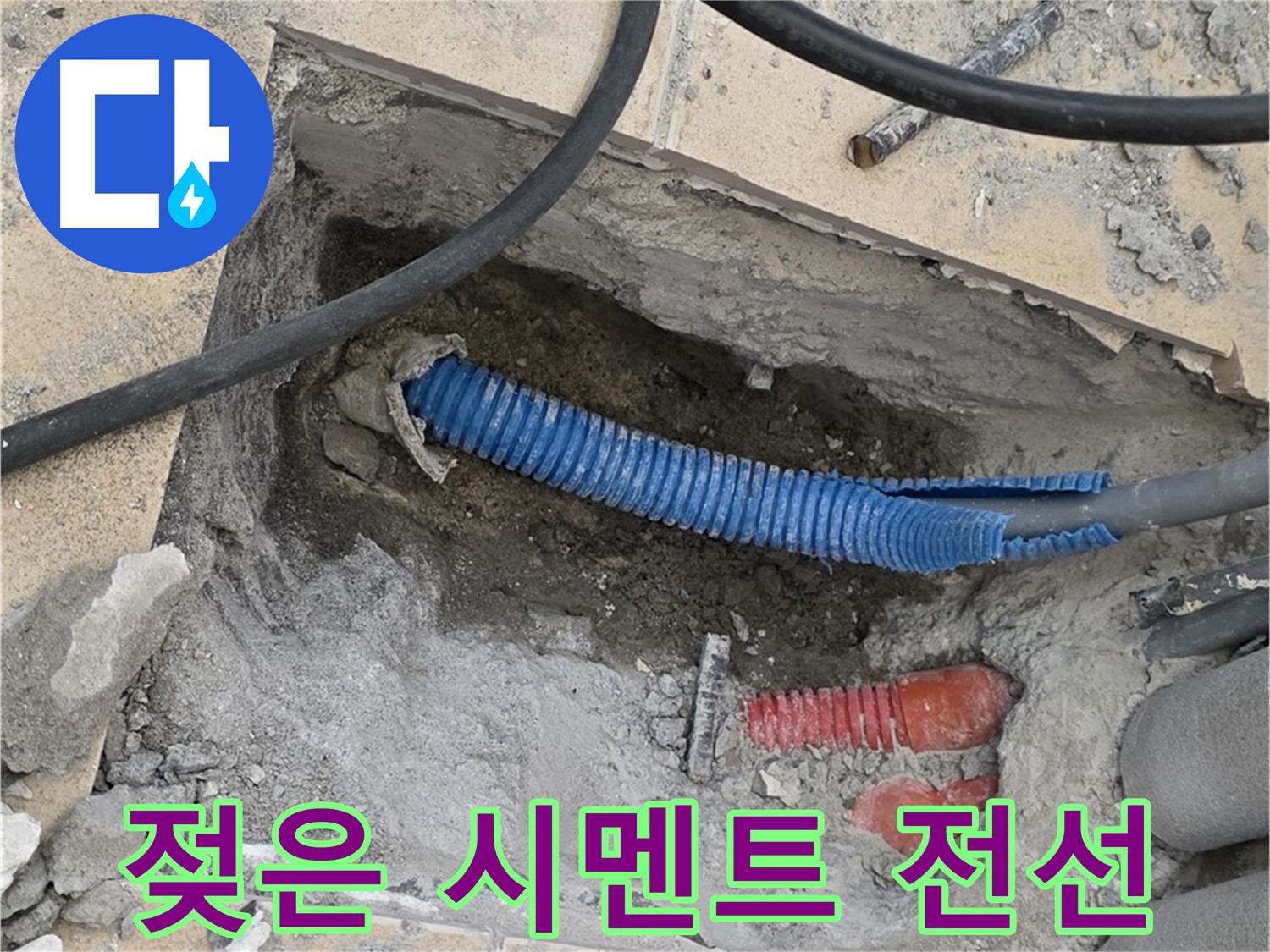 양주 삼숭동 자이아파트 누수 - 젖은 시멘트 바닥과 꼬불거리는 전선관