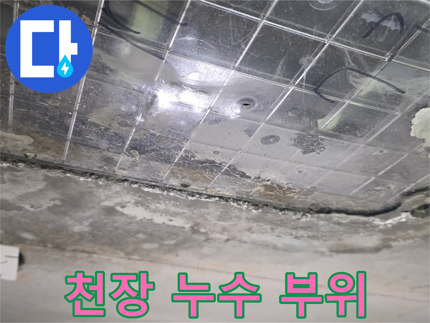 천장 누수 부위 - 천장에 물방울이 맺혀 떨어지고 있는 모습입니다.