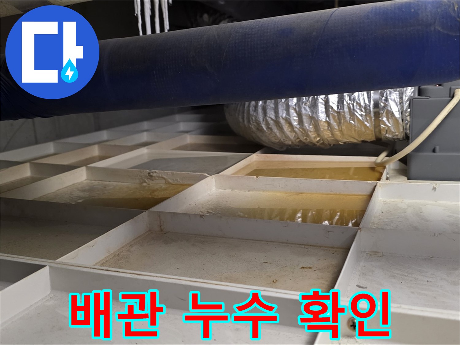 배관 누수 확인 - 천장 배관에서 누수가 발생한 모습