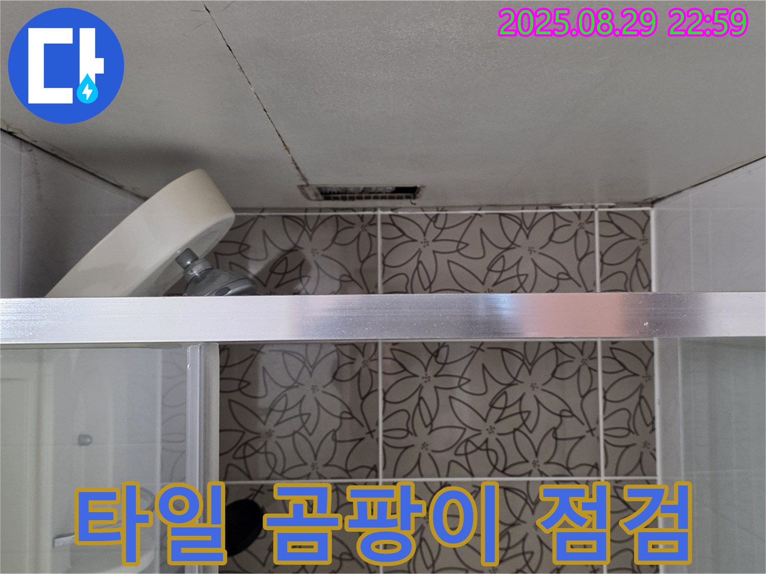 백석읍 서광아파트 104동 욕실 - 샤워기 수전 주변 타일 틈새 곰팡이 및 백화현상 상태를 점검하는 사진