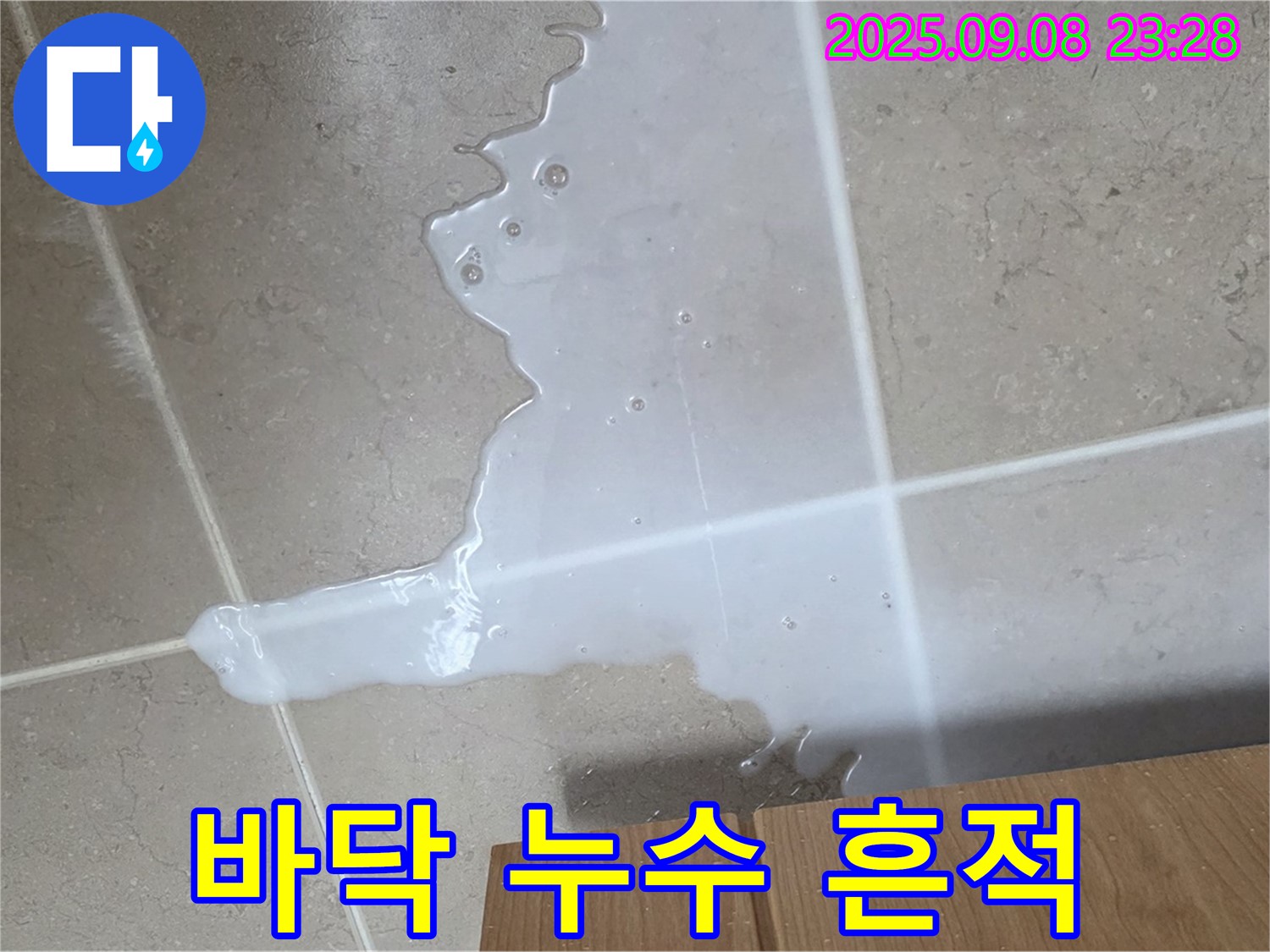 포천 일동 기산베스트빌 아파트 누수 현장 - 바닥에 흥건하게 고인 물은 누수의 심각성을 보여줍니다.