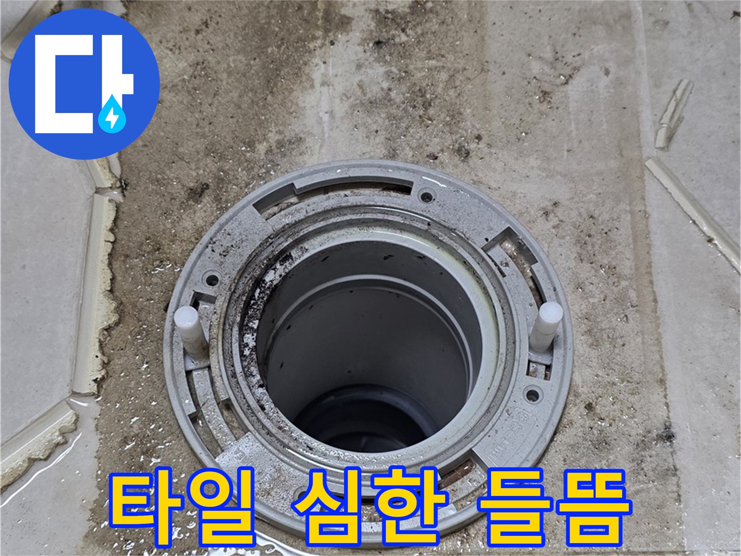 변기 오수관 주변 타일 - 들뜸 현상이 정말 심각하여 누수 가능성이 매우 높습니다.