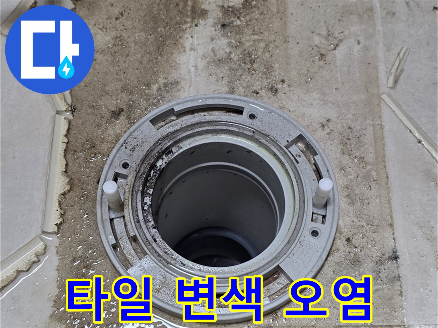 변기 플랜지 주변 타일 - 변색과 오염이 심각하게 진행 중입니다.