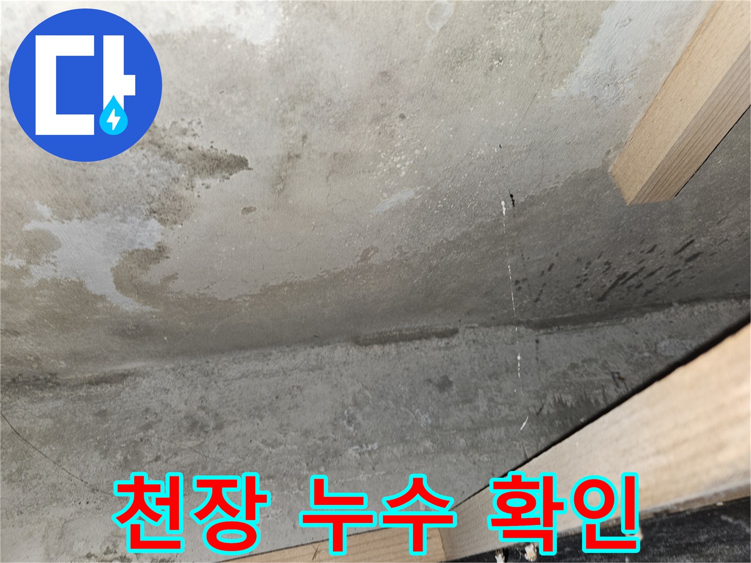 천장 누수 확인 - 젖은 콘크리트와 물방울은 누수의 명백한 증거입니다.