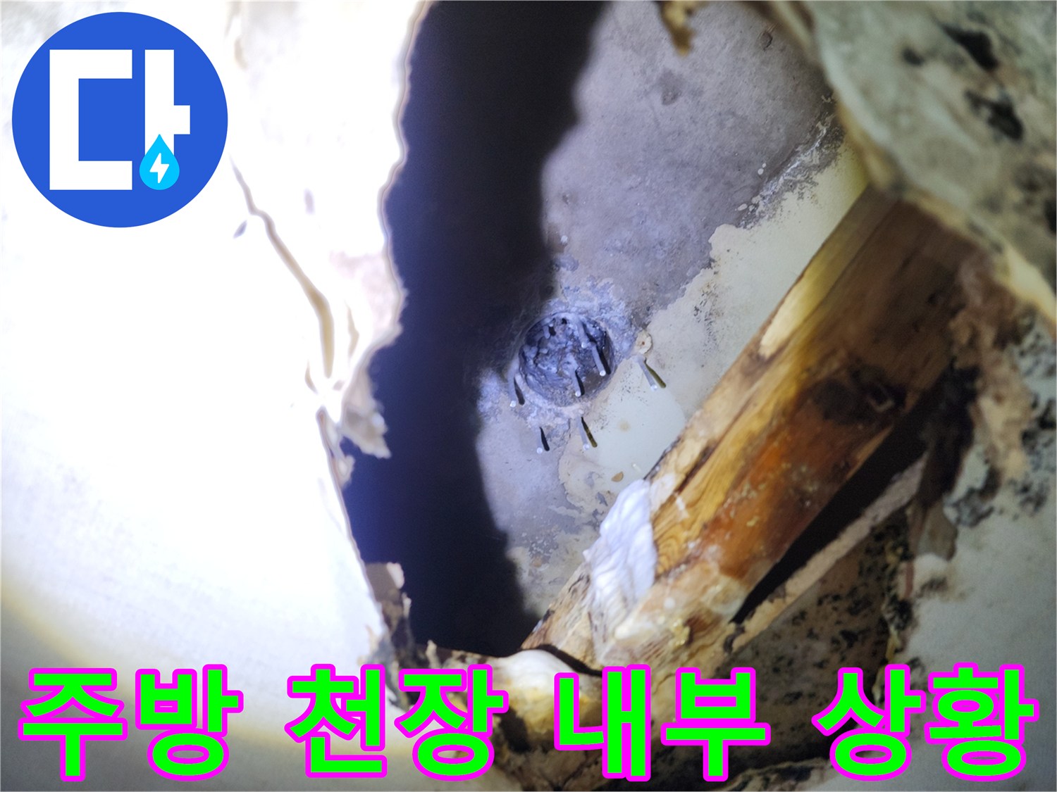 천장 절개 부위를 통해 본 배관 주변의 습기 상태