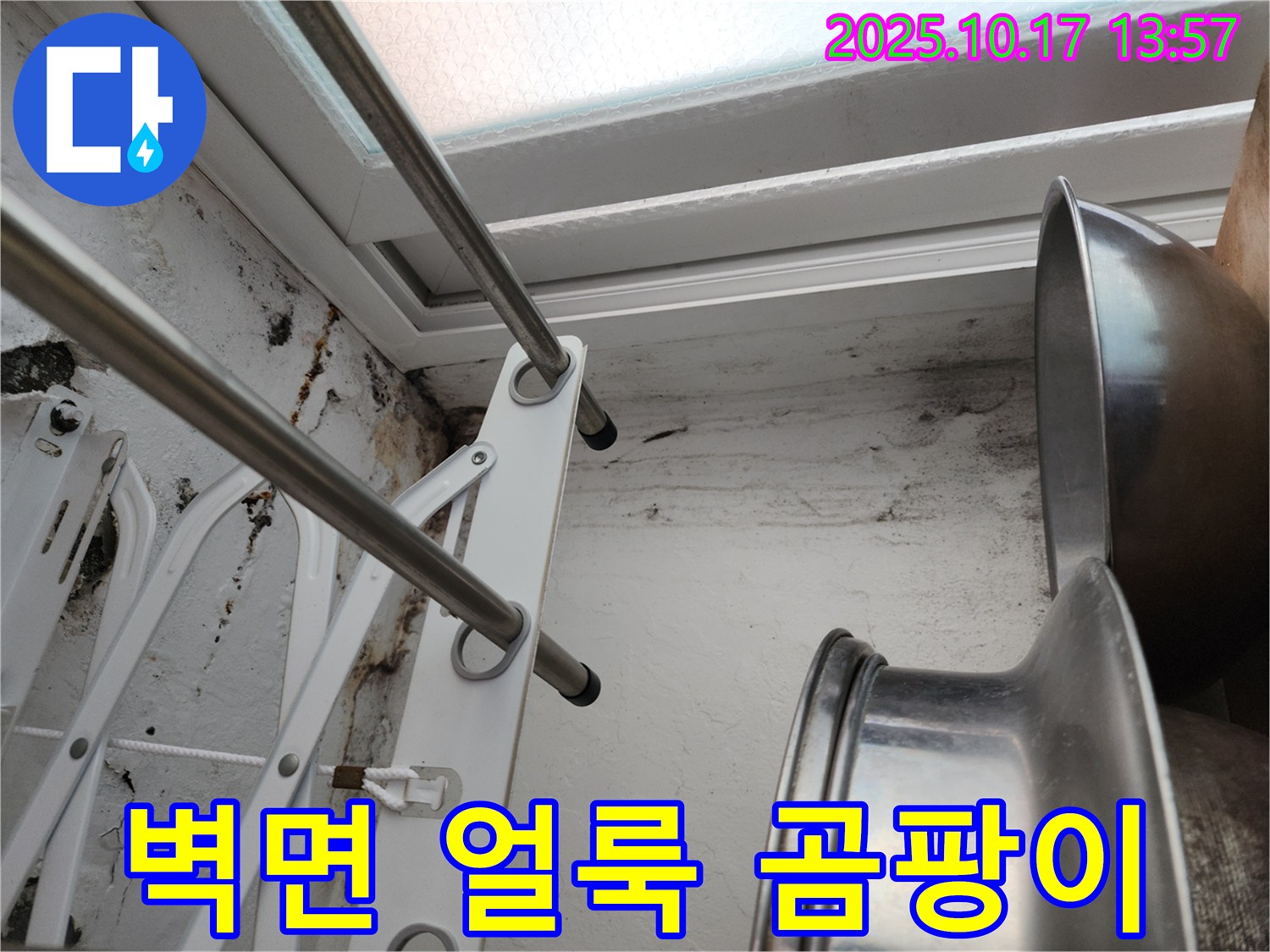 벽에 생긴 검은 얼룩과 곰팡이-누수 방치의 위험성을 보여줍니다.