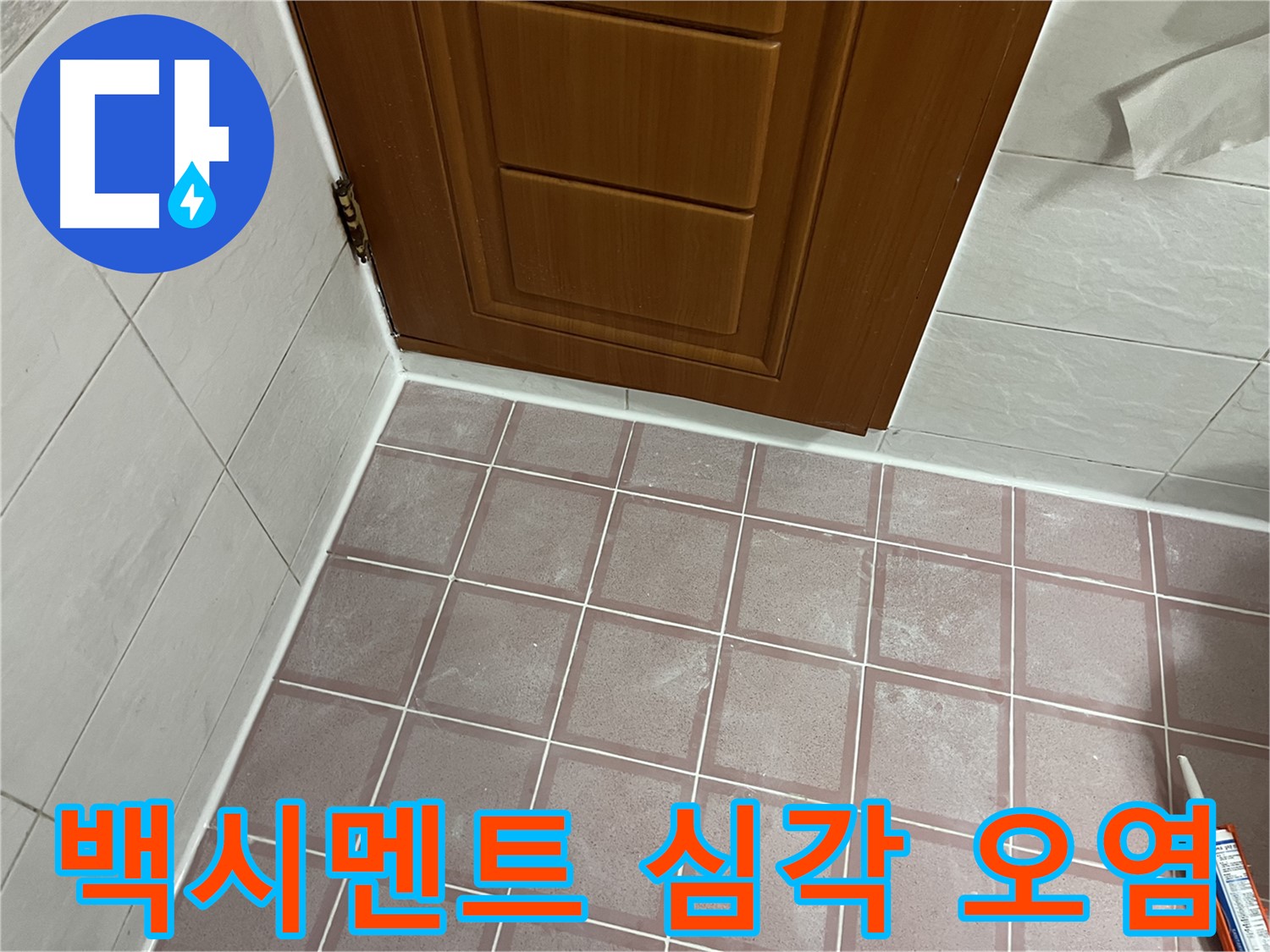 독산동 형제맨션빌 욕실 - 문 하단 타일 틈새 백시멘트의 심각한 오염과 손상 상태