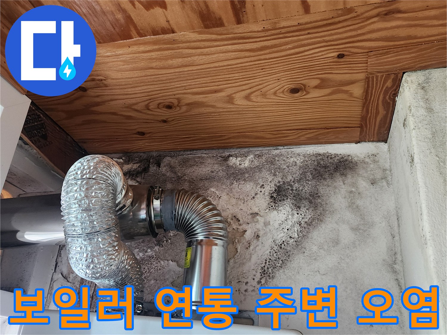 금속 배관과 연결된-곰팡이가 발생한 흰색 벽면의 모습