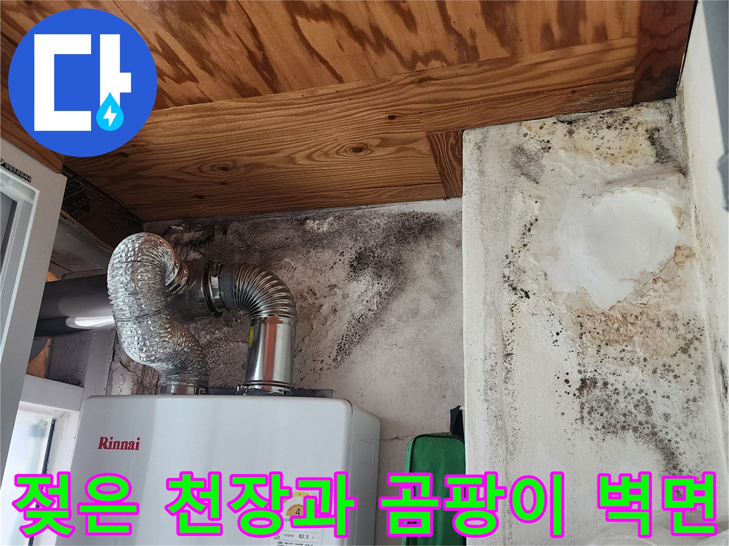누수로 인해 오염된 보일러실 내부 벽체와 목재 구조물