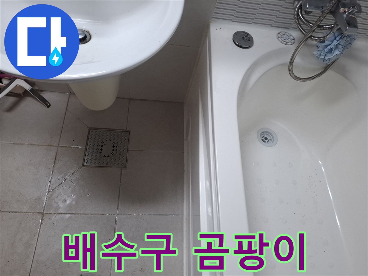 욕조 배수구 주변에 곰팡이가 핀 모습 - 악취 동반
