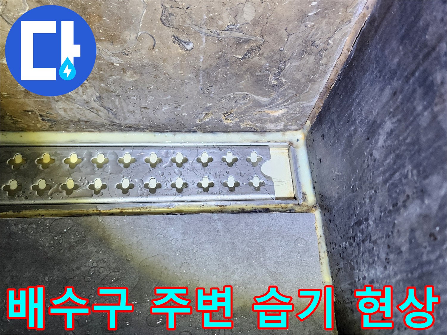 축축하게 젖어있는-욕실 배수구 주변 타일과 벽면 상태