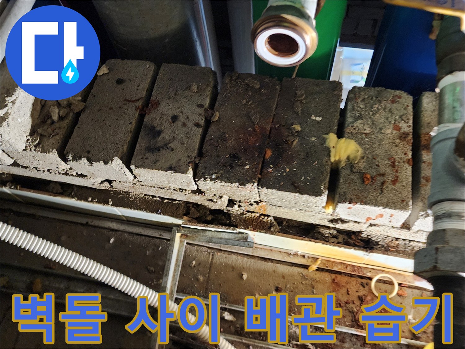배관 주변 벽돌 틈새의 습기와 오염 상태를 보여주는 사진입니다.