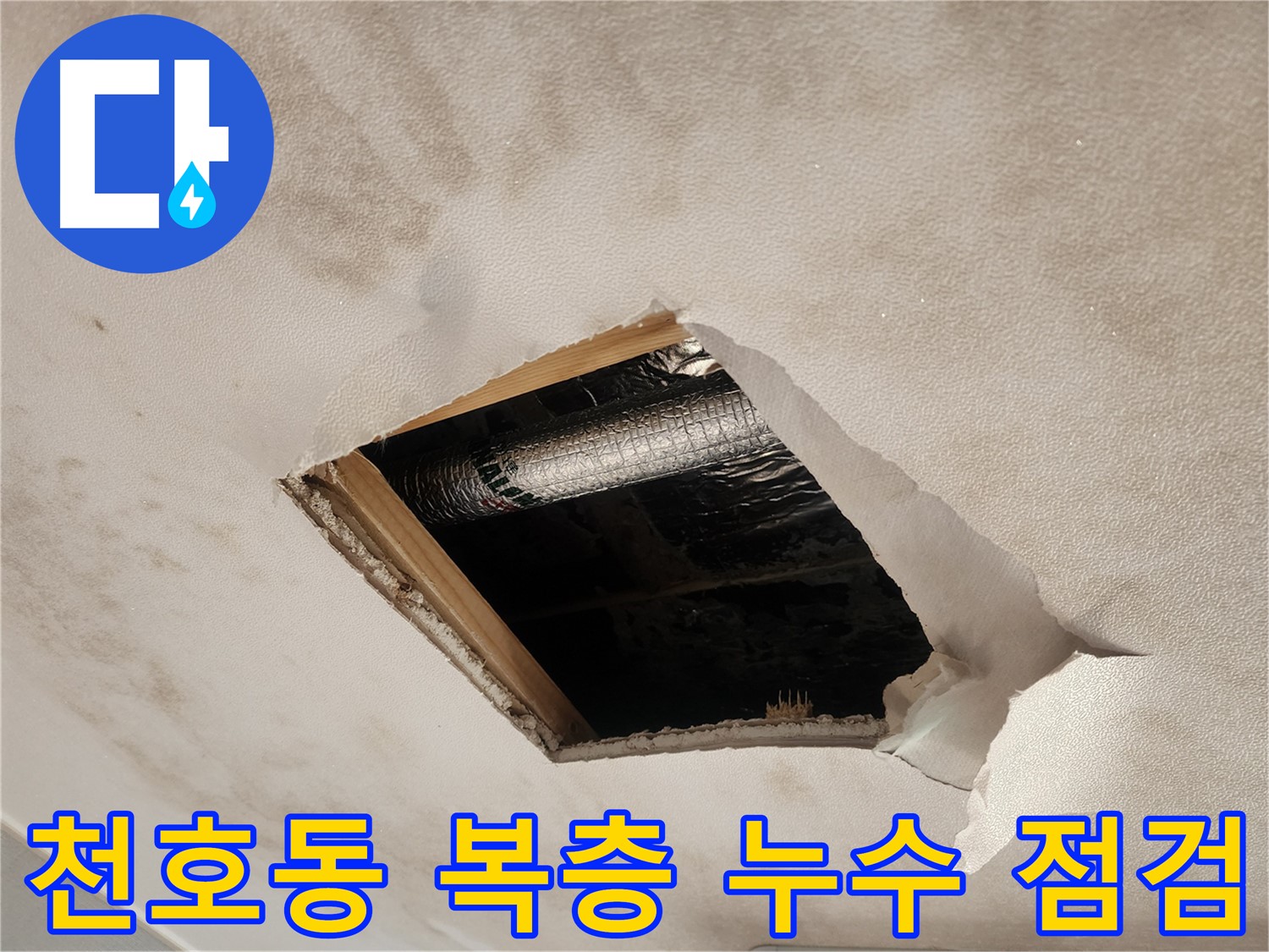 천호동 복층 주택 천장 누수 - 석고보드 절단 후 젖은 단열재 확인