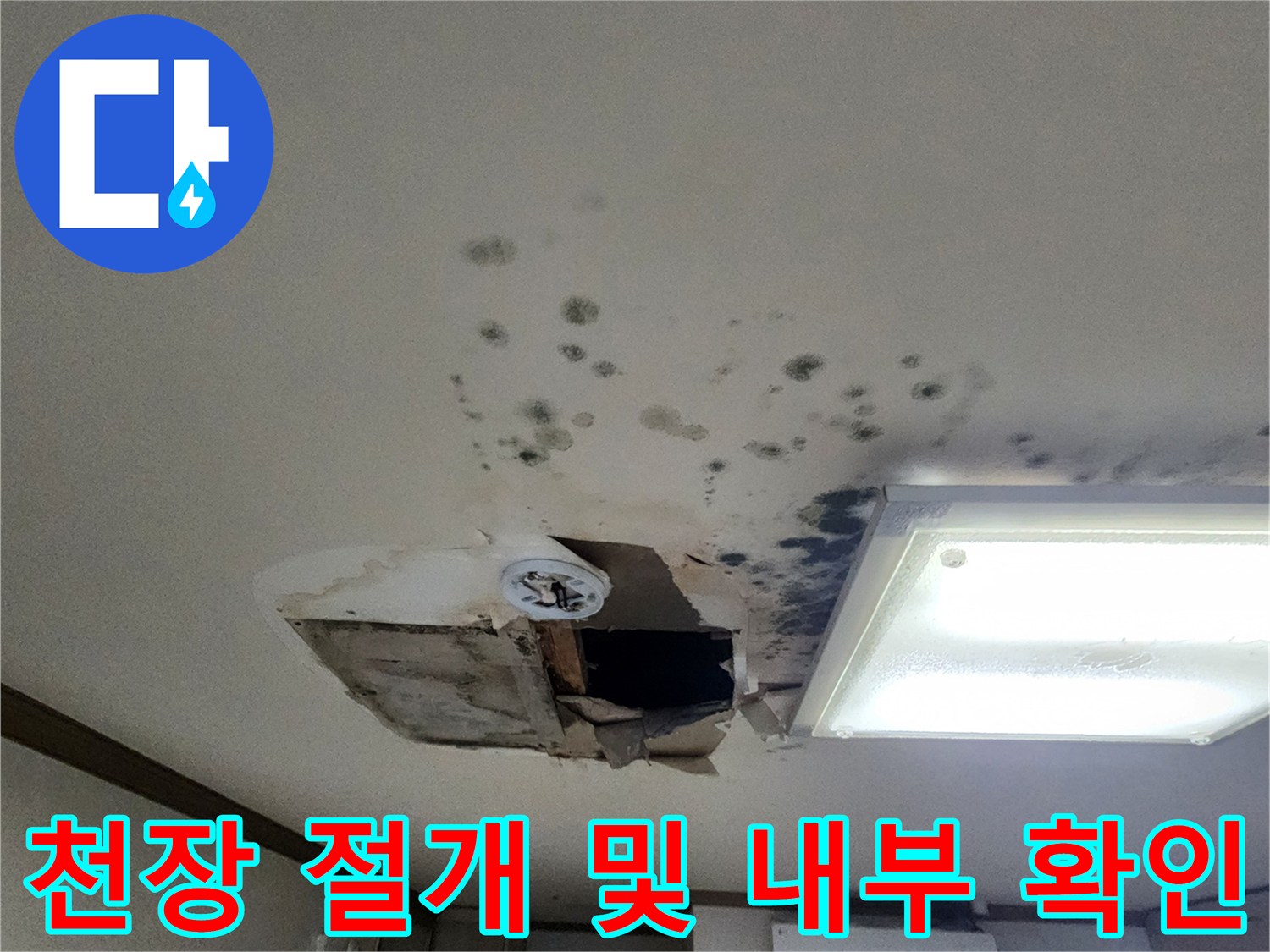 누수 지점 확인을 위해 천장 마감재를 일부 절개한 모습