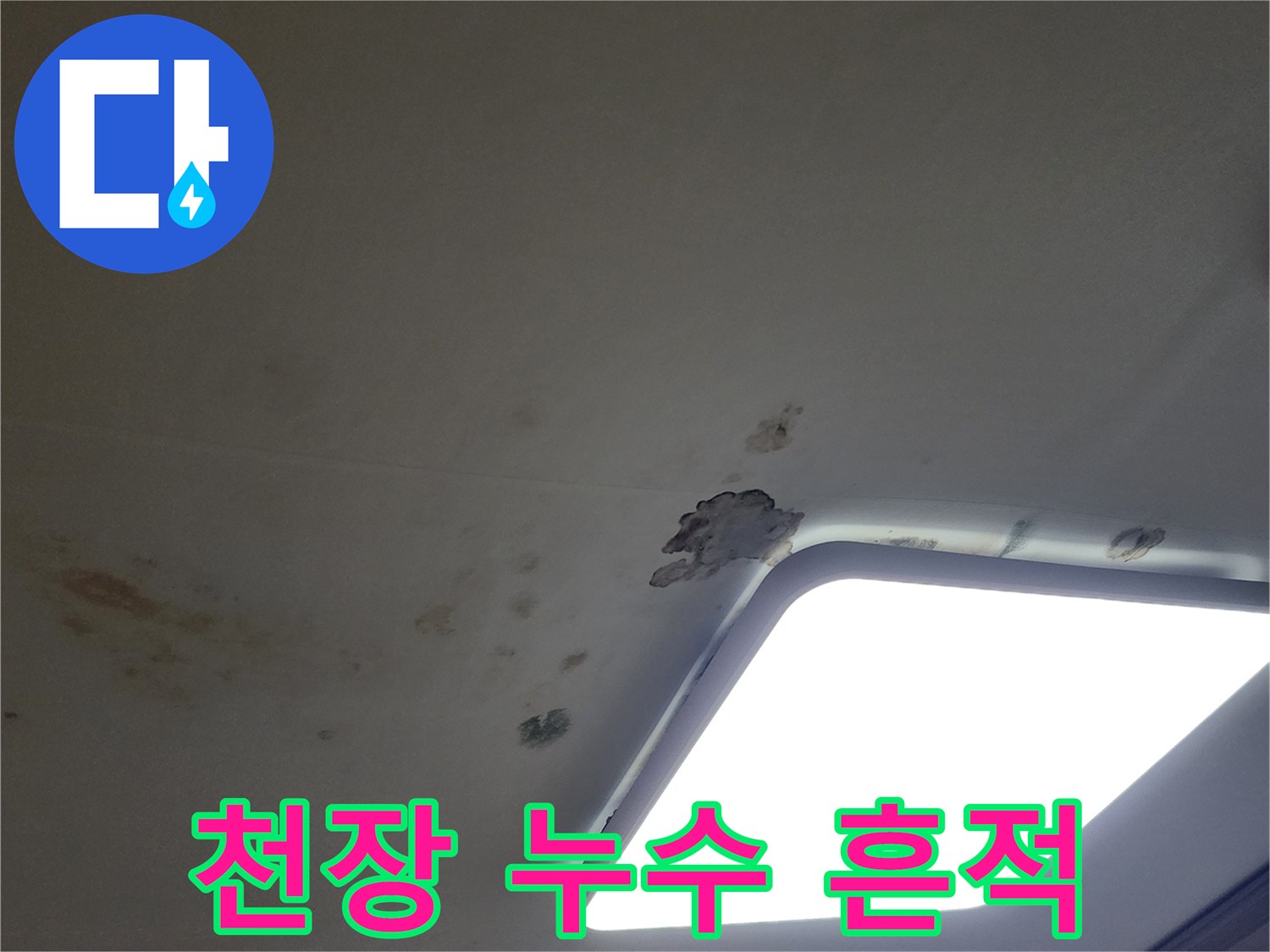 천장 조명 주변에 발생한 갈색 물 얼룩과 변색 부위