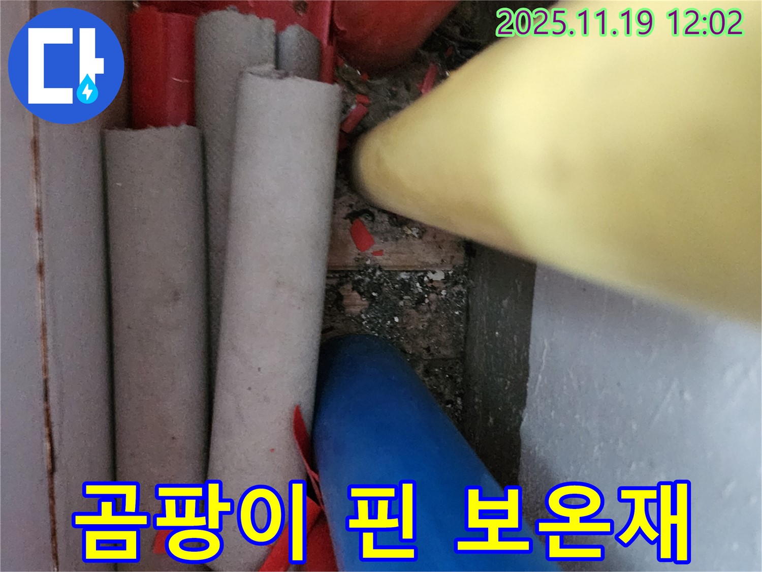 포천 마명리 누수 - 낡은 배관 보온재는 곰팡이와 습기의 온상이 될 수 있습니다.