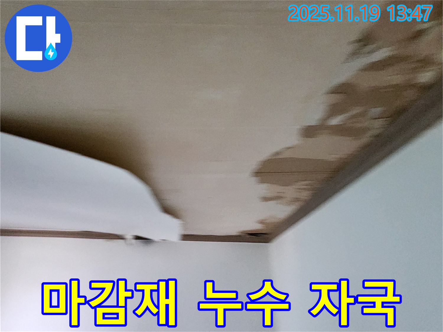 내촌 천장 - 훼손된 천장 마감재와 뚜렷한 누수 자국