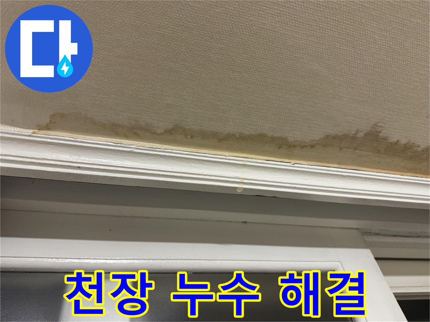 천장 누수로 인한 벽지 젖음 - 누수 해결의 시급성을 보여주며 - 전문가의 도움이 필요함을 강조합니다.