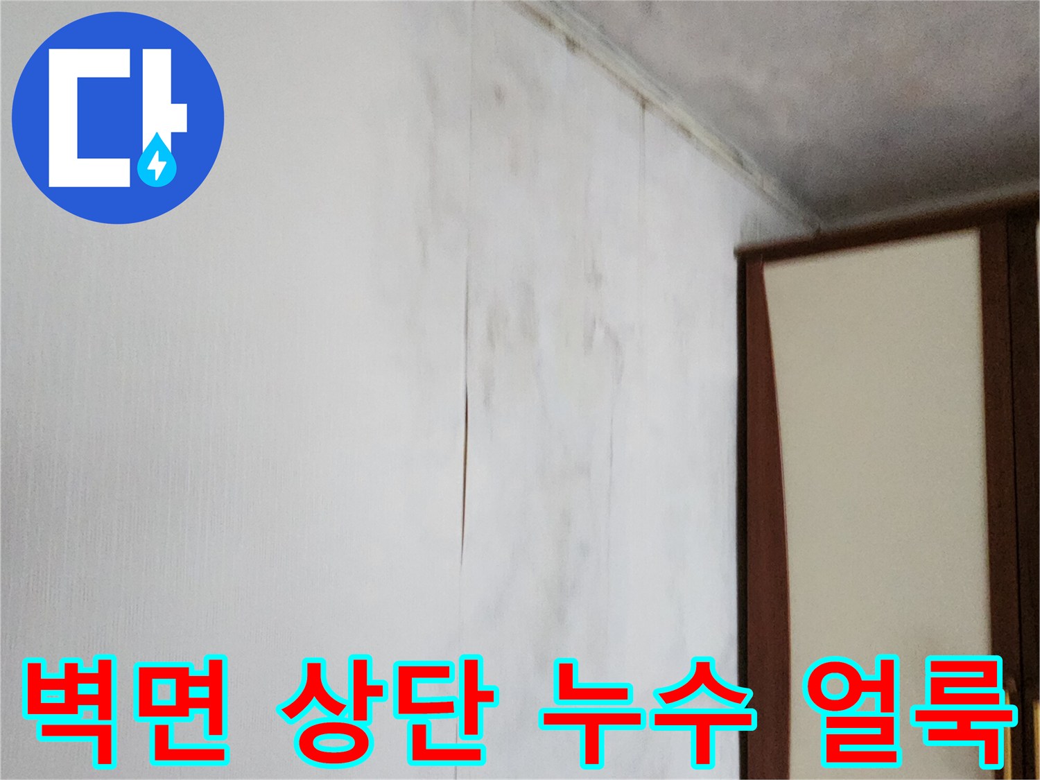 천장 경계 부위의 심한 변색과 곰팡이 흔적 사진