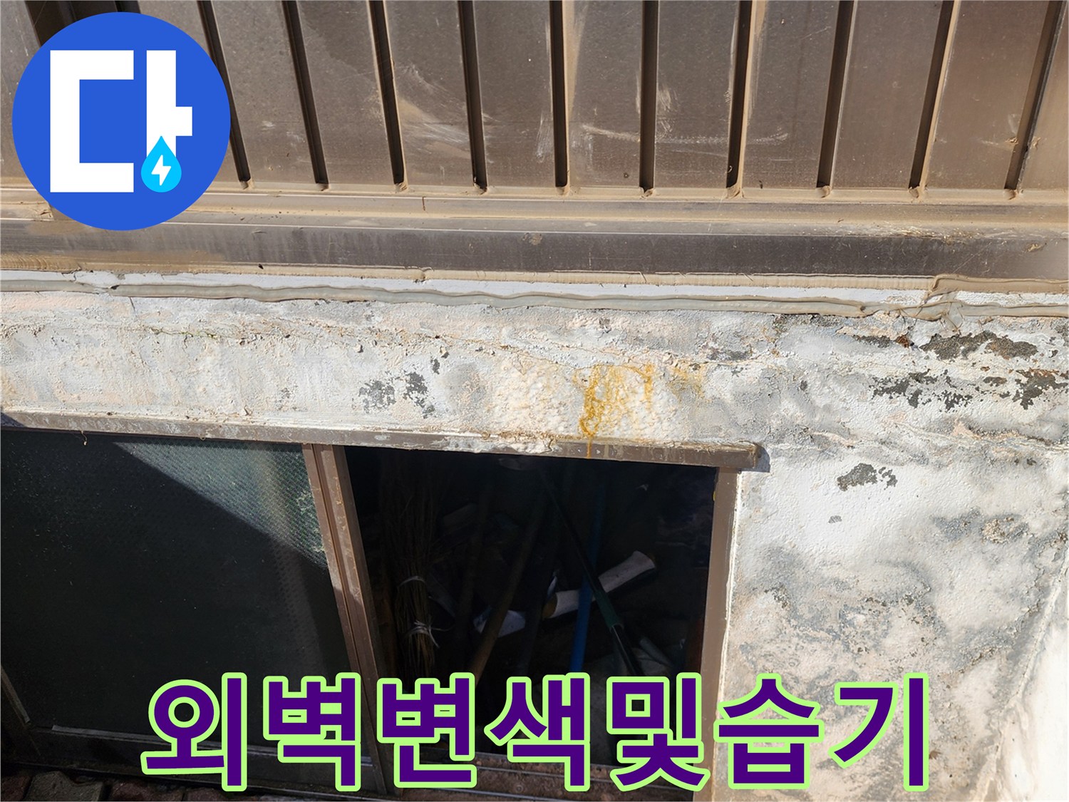 건물 외벽 하단 마감재 부근의 습윤 상태와 변색된 부분