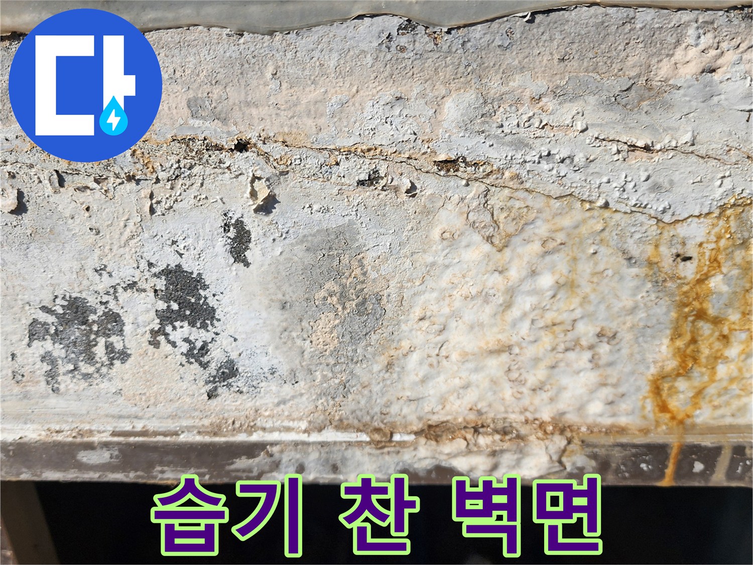 누수로 인해 젖고 변색된 외벽 시멘트 부위
