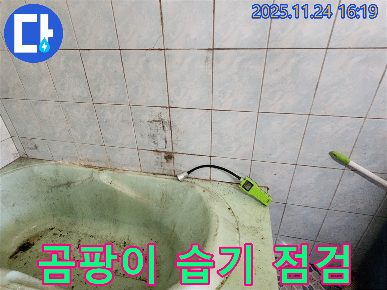 욕실 곰팡이와 습기 문제를 점검하는 모습입니다 - 누수 탐지 장비를 사용하여 꼼꼼하게 확인합니다.