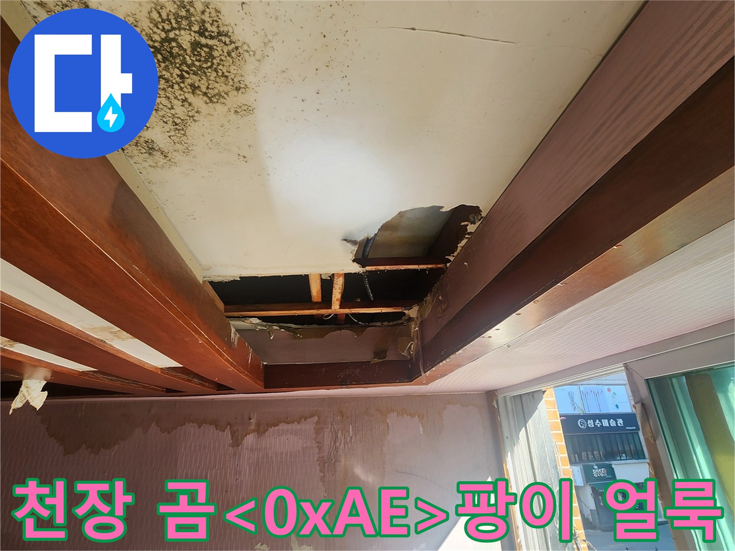 습기와 곰팡이가-심하게 나타난 천장 마감 상태