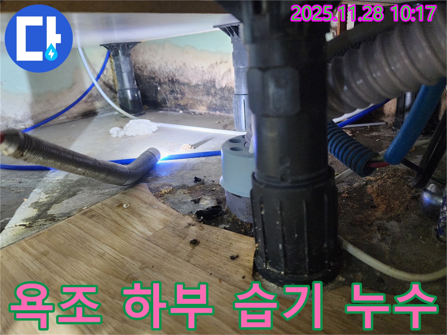 포천시 - 욕조 하부 공간의 습기 문제를 점검하고, 누수 여부를 확인하고 있습니다.