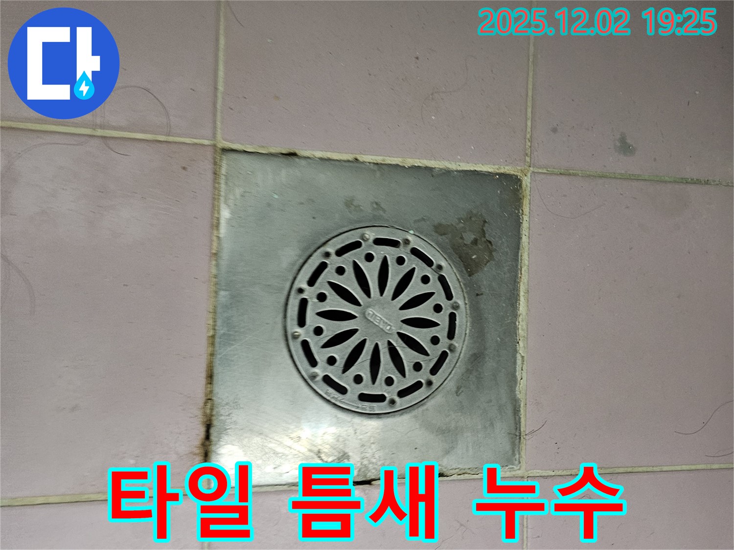 욕실 배수구 주변 타일 틈새의 누수를 보여주는 사진 - 틈새를 통해 물이 스며들어 누수가 발생할 수 있습니다.