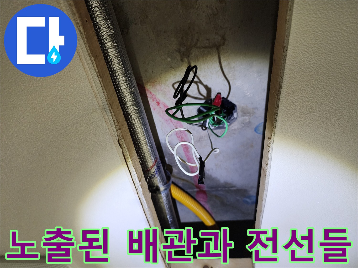 천장 내부-습기를 머금은 배관과 복잡하게 얽힌 전기 배선