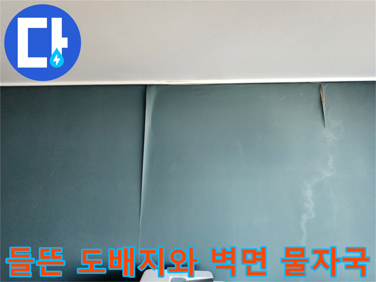 주방 벽면의 도배지가 습기로 인해 들뜨고 변색된 상태