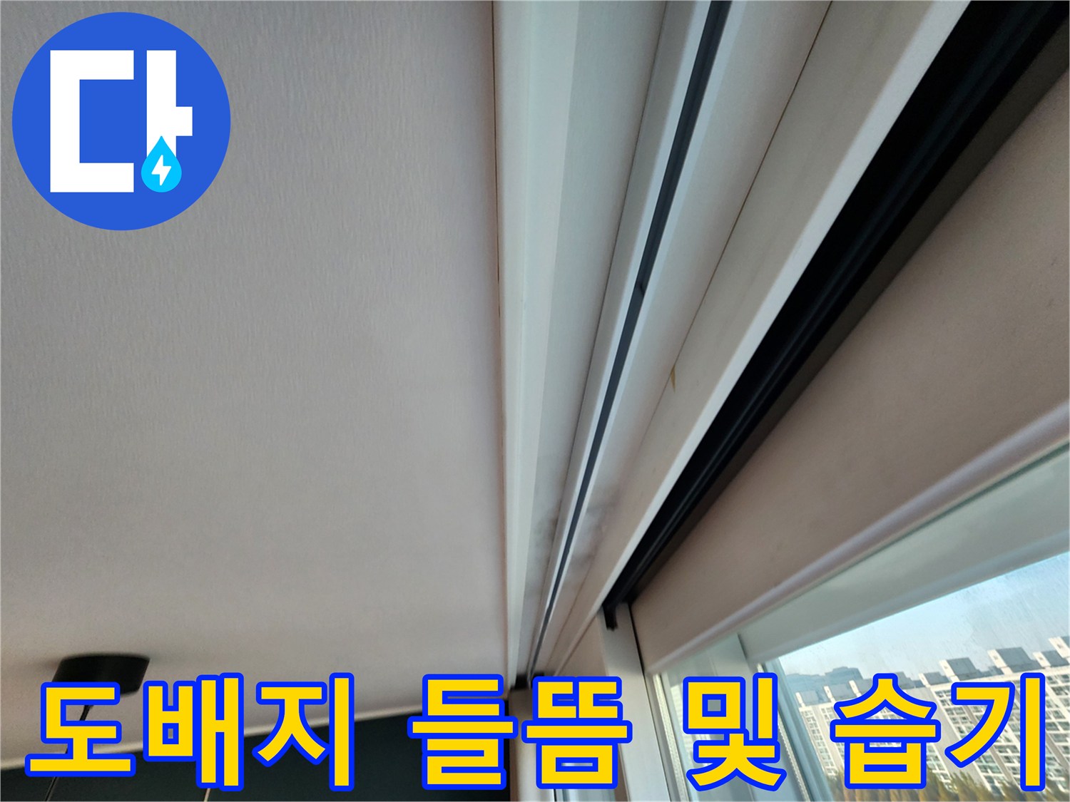 천장 몰딩과 창가 경계의 도배지 변색