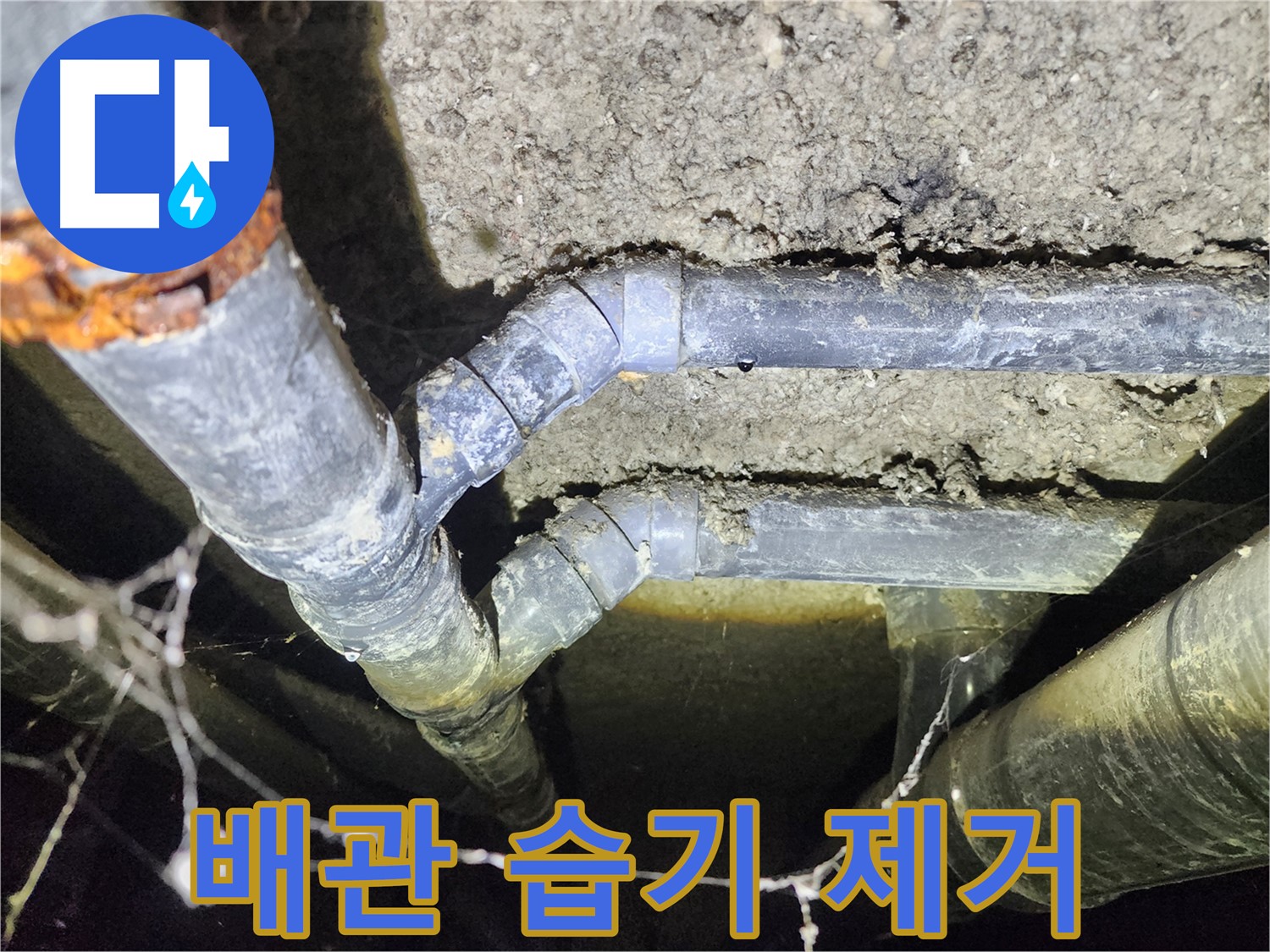 성북구 보문동 아남아파트 지하실 천장 배관 주변 누수로 인한 습기 제거 작업