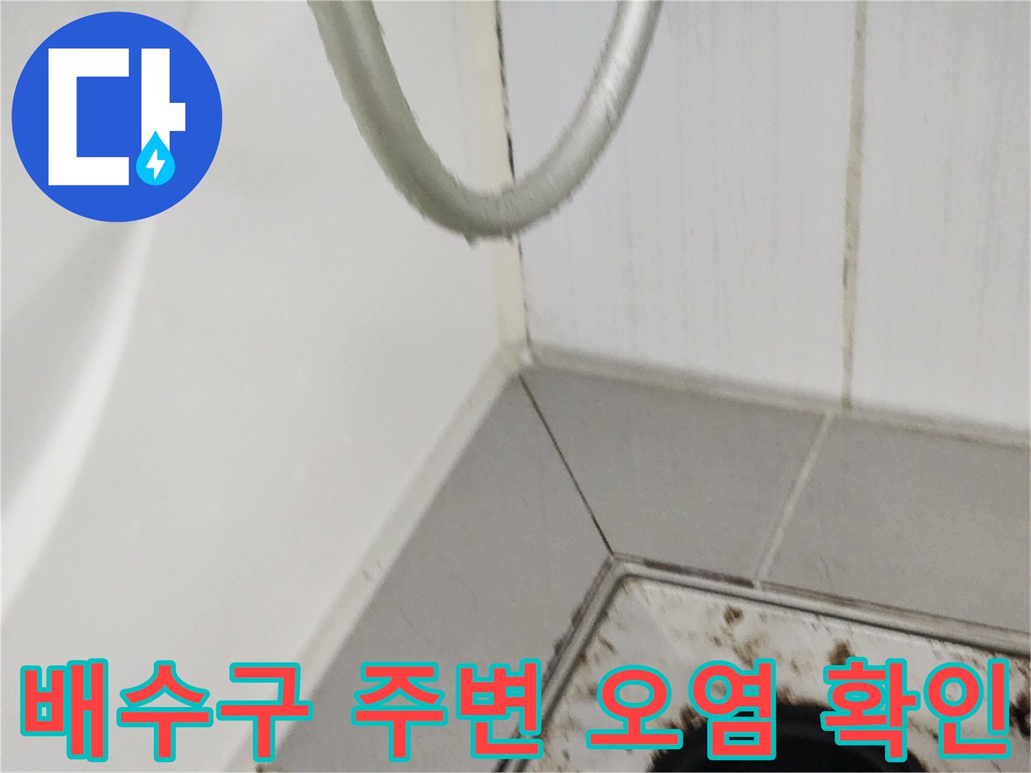 욕실 배수구 유가 주변의 타일 틈새와 오염된 상태를 근접 촬영한 모습입니다.