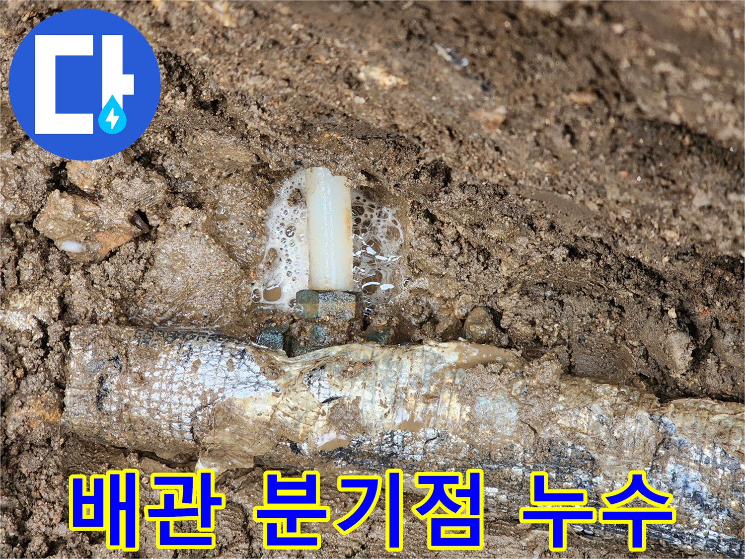흙과 보온재 사이로 물이 스며 나오는 배관 연결 부위