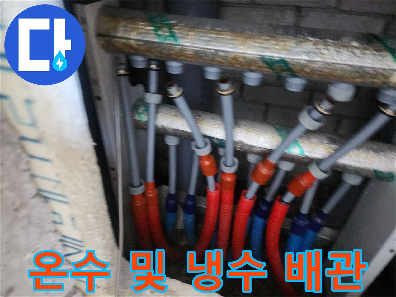 분배기에 연결된 빨간색과 파란색 이중관 상세 모습