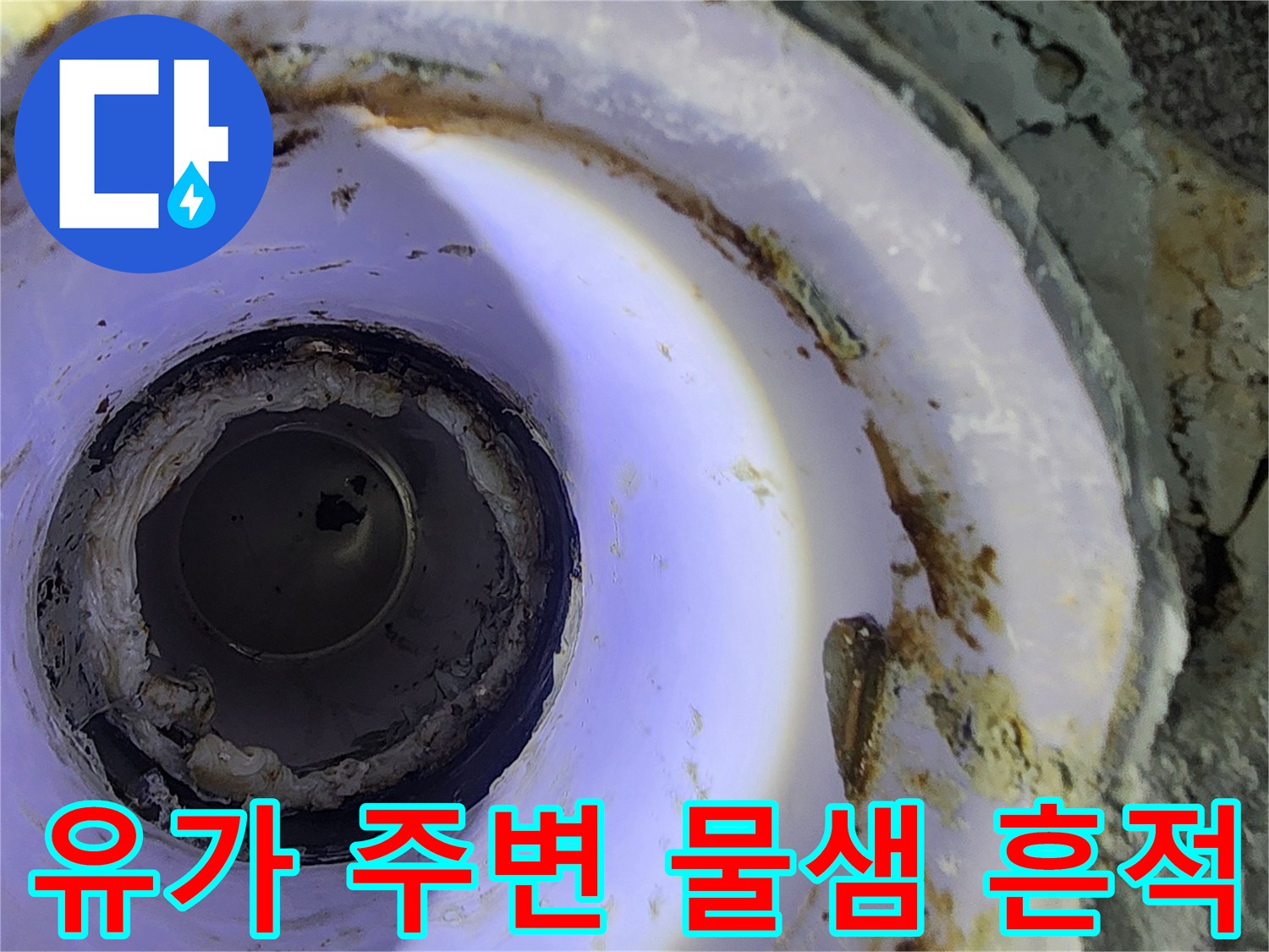 하수구 배관 주변의 젖은 마감재와 파손된 방수 상태