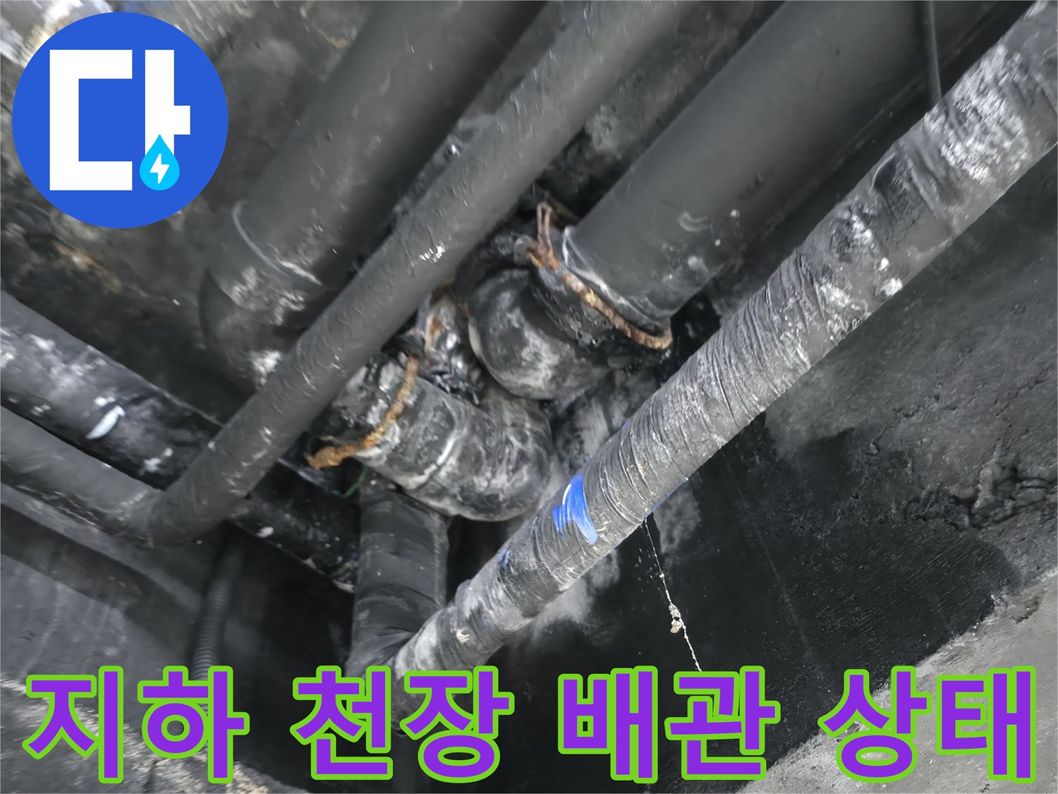 용인 수지구 지하층-천장 배관의 물샘 흔적과 습기 상태