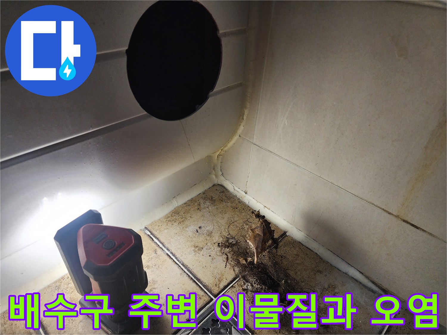 화장실 배수구 주변에 머리카락과 오염물이 엉겨 붙어 있는 상태입니다.