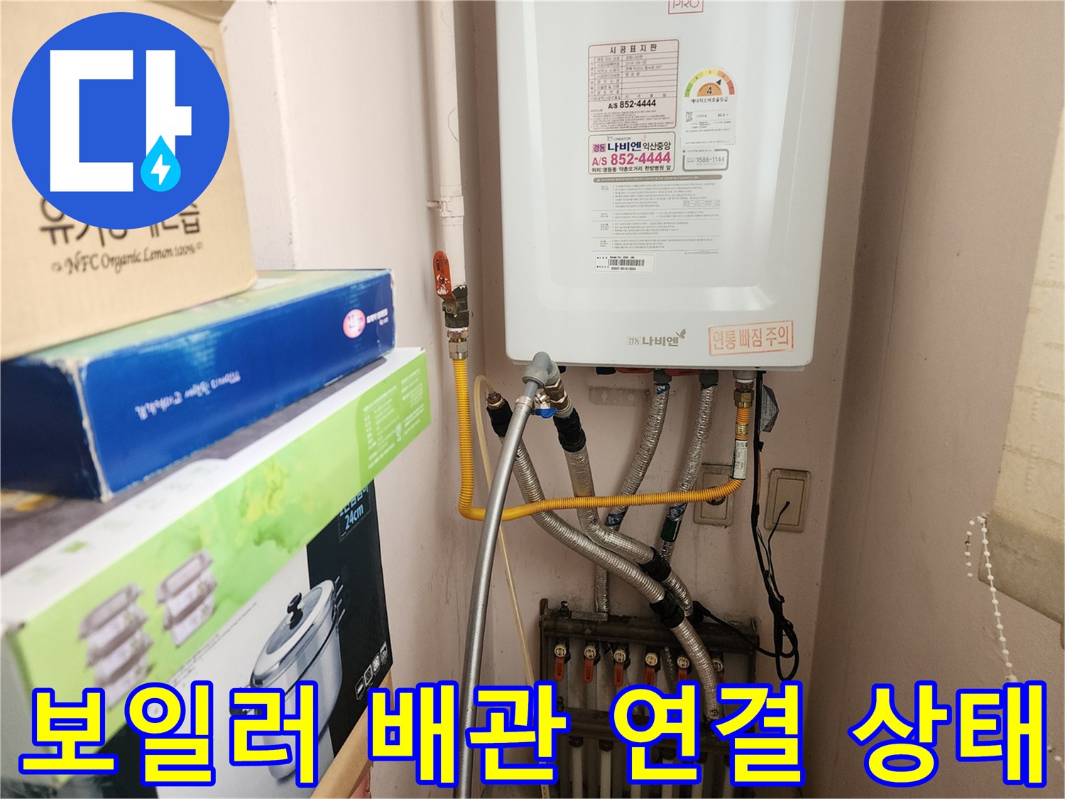 보일러 하부의 온수 및 냉수 배관이 복잡하게 연결된 모습입니다.