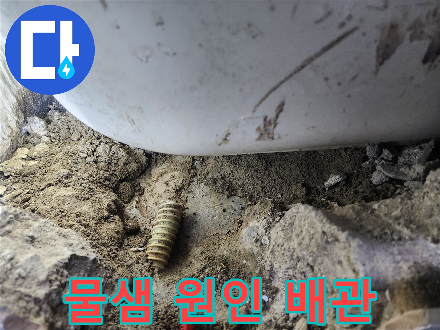파손된 주름관 배관과 습기를 머금은 주변 흙 부위