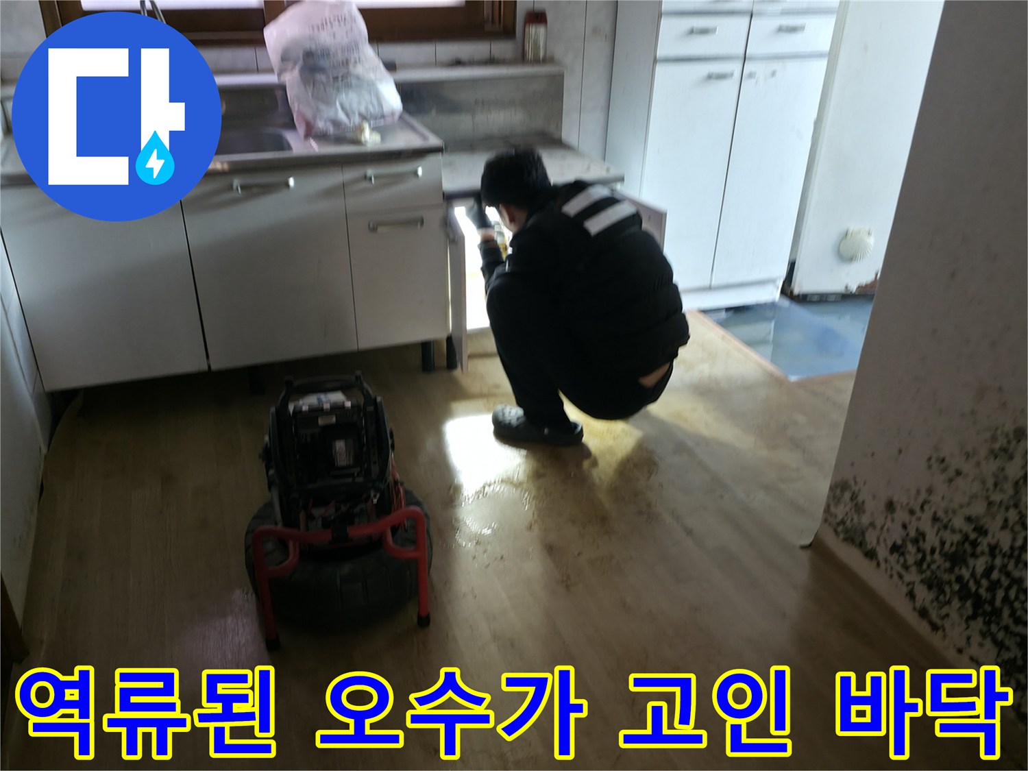 주방 싱크대 주변에 역류하여 물이 흥건하게 고인 현장 상황