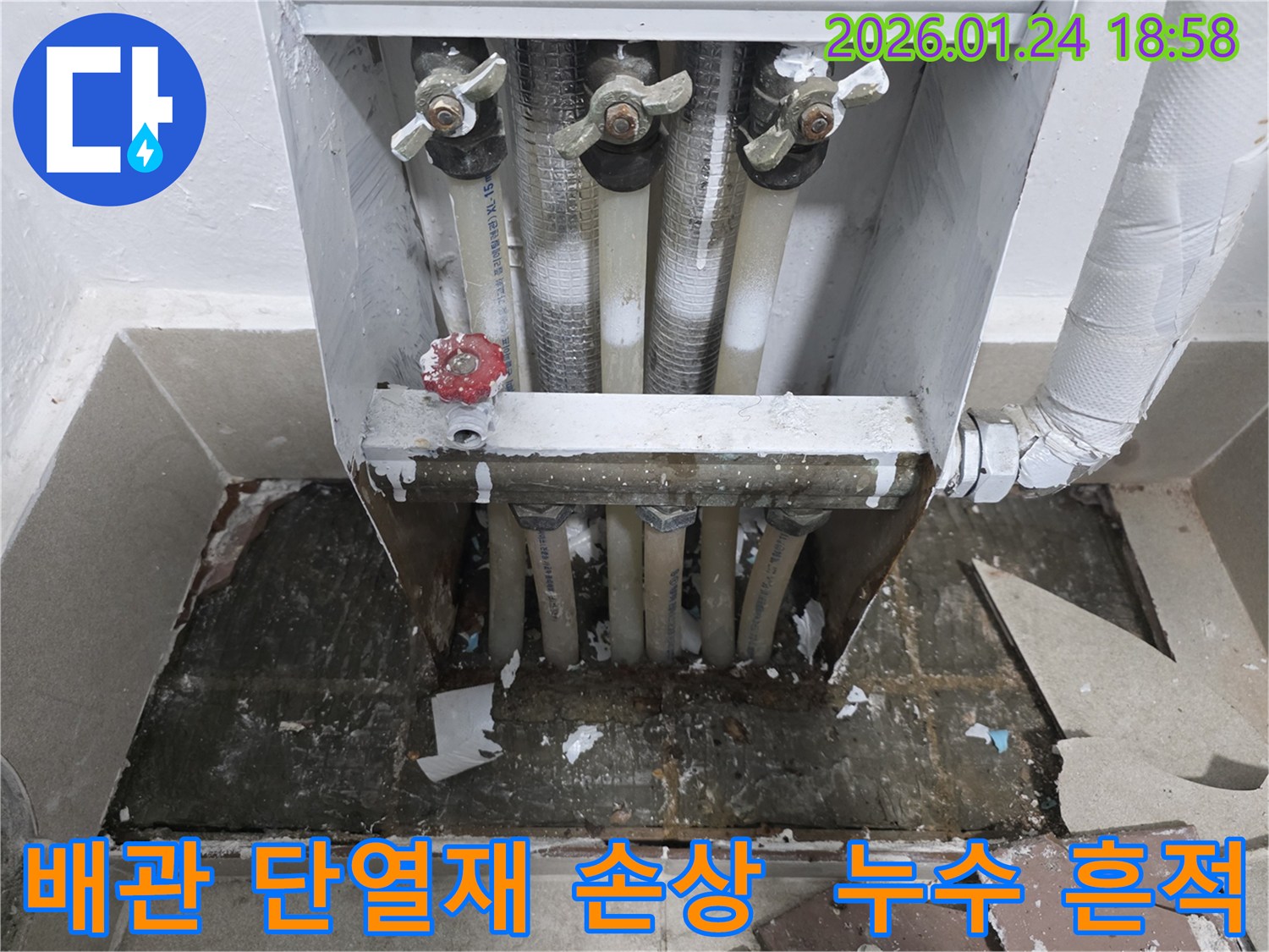 인천 연수구 청학동 누수 현장에서 온수 배관의 단열재가 젖고 손상된 상태를 확인하는 모습 - 단열재 손상은 누수의 간접적인 증거가 됩니다.