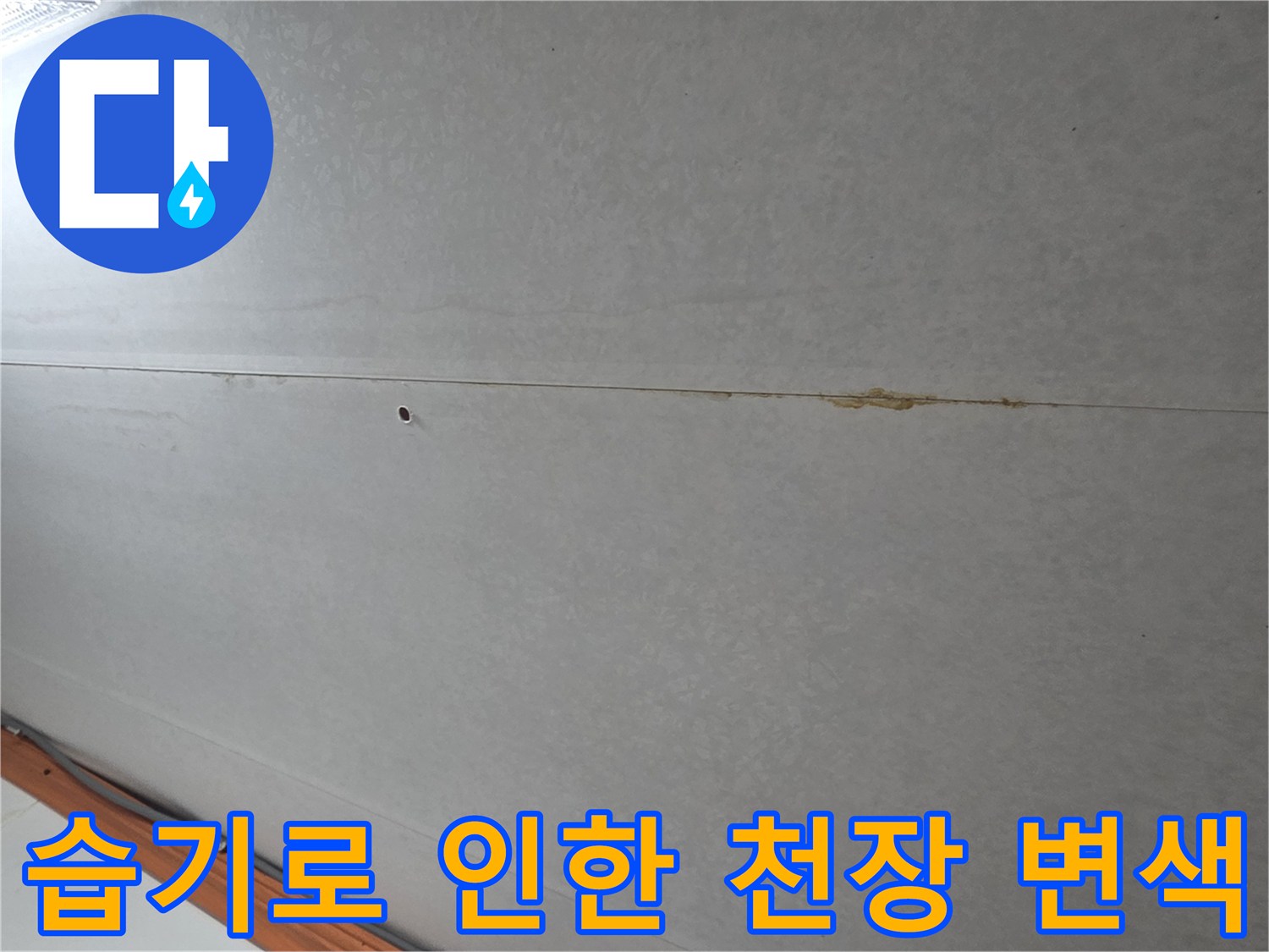 천장 패널 사이의 습기 침투 흔적 - 누수 진단 현장