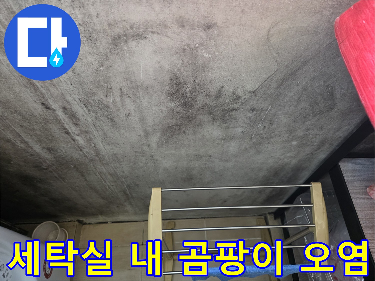 누수 발생으로 인해 검게 변색된 세탁실 내부 벽면 상태