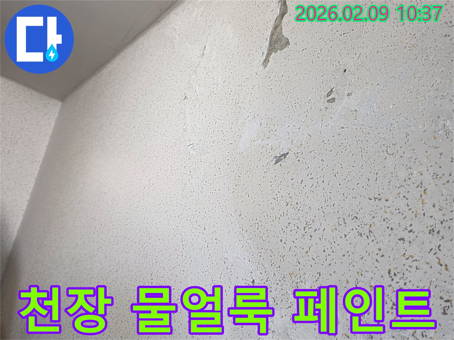 천장 페인트가 물에 젖어 부풀어 오르고-얼룩이 생긴 모습은 명백한 누수 증상입니다