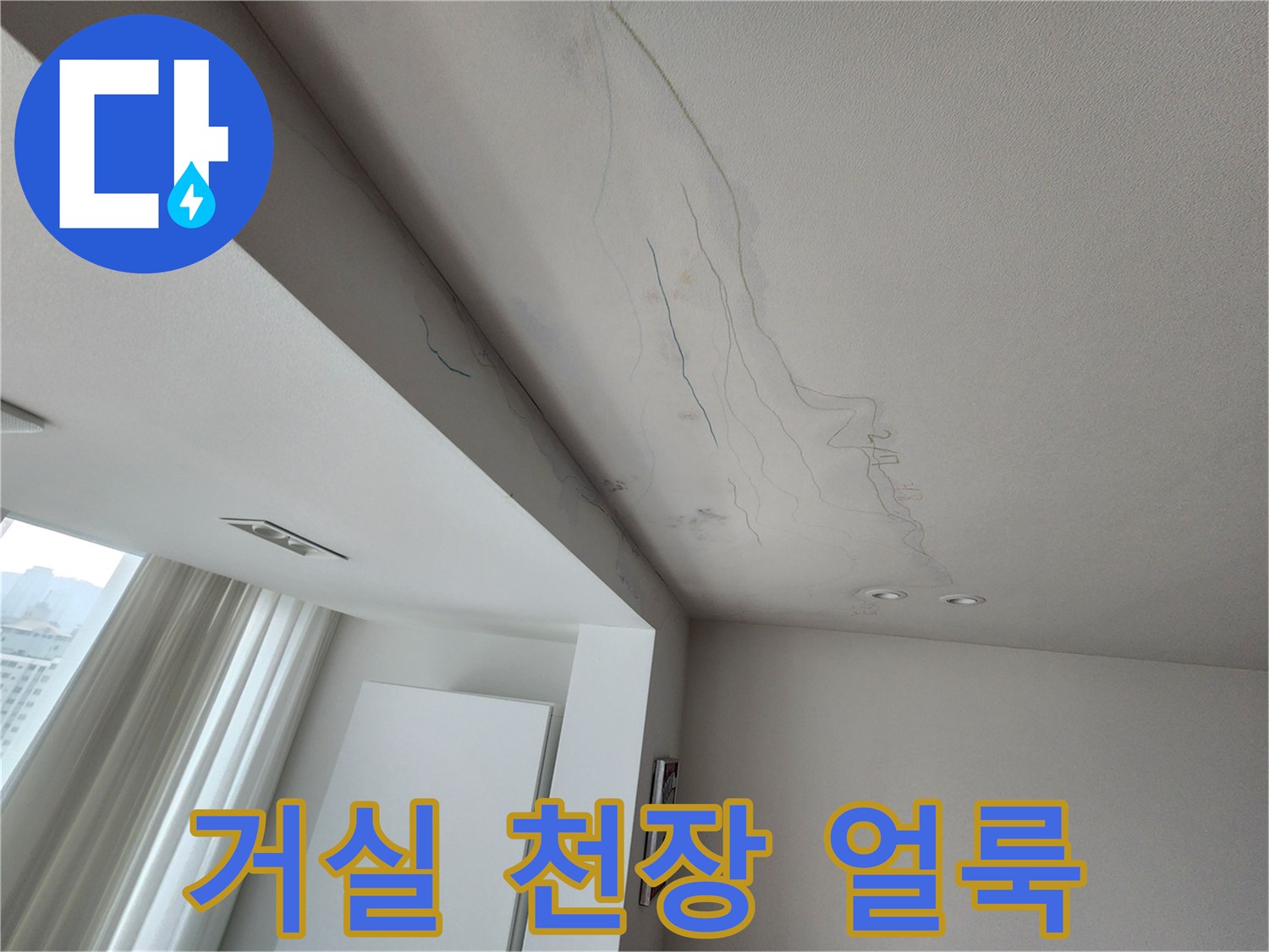 서초구 거실 천장 부위에 발생한 넓은 물자국과 변색된 흔적