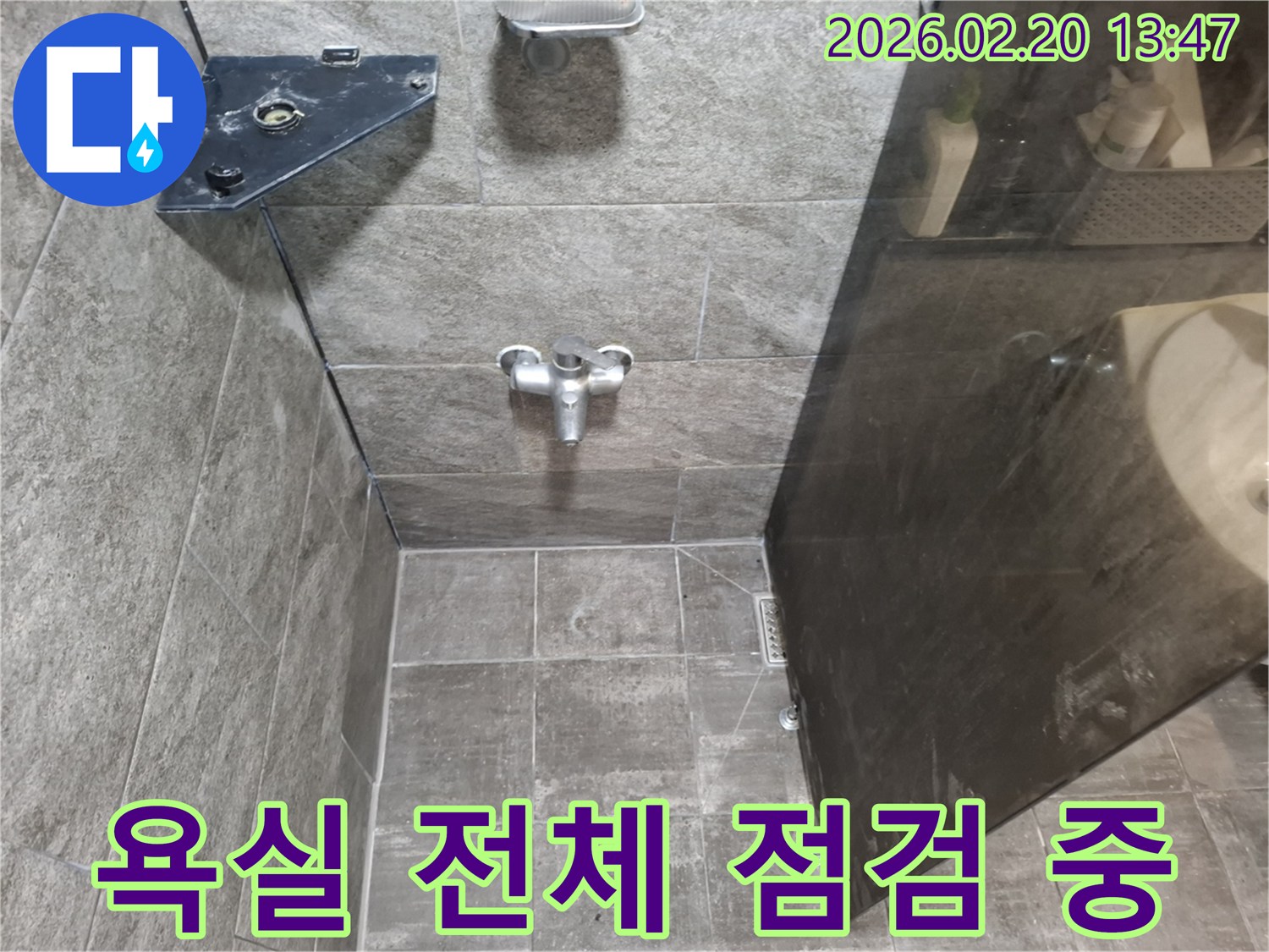 욕실 내부-샤워 공간과-주변 타일의-전반적인 상태를 점검하는 모습