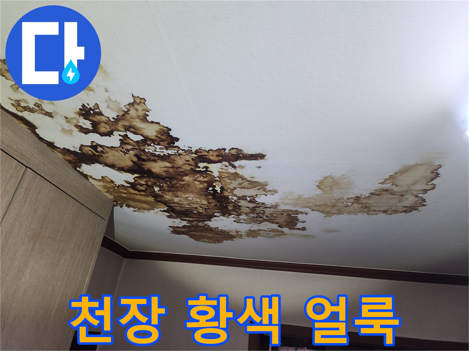 거실 천장에 발생한 넓은 범위의 황색 변색과 젖음 현상